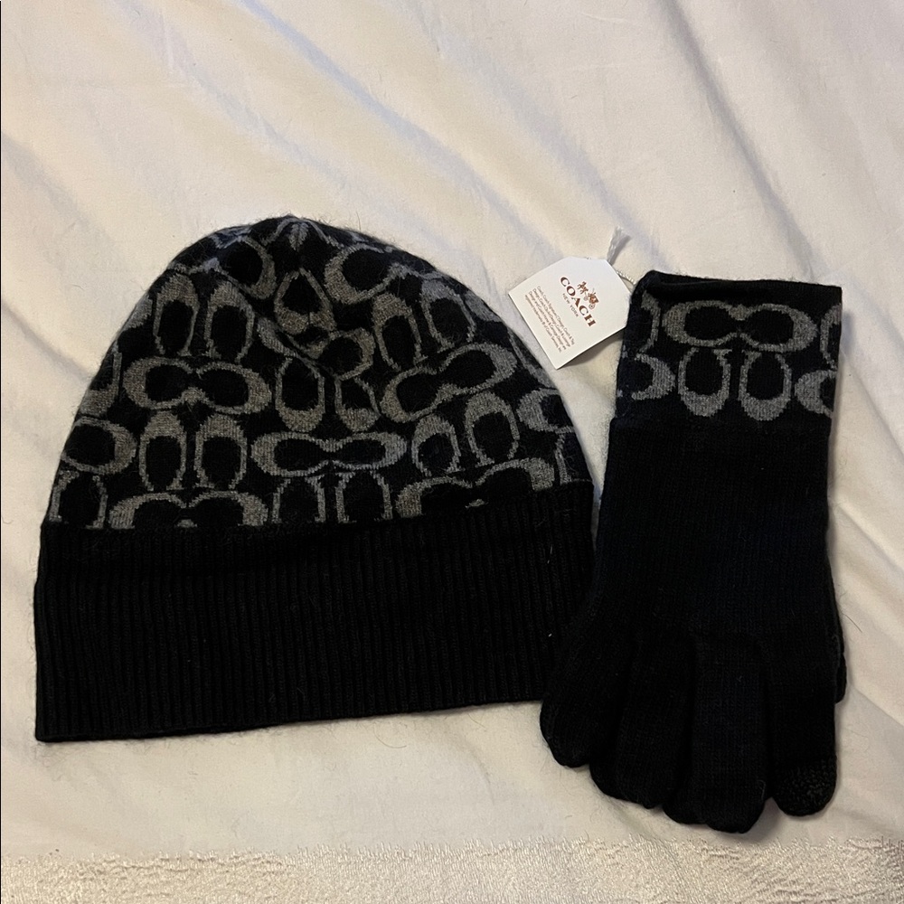 Coach Black and Gray Logo Beanie Hat and Gloves